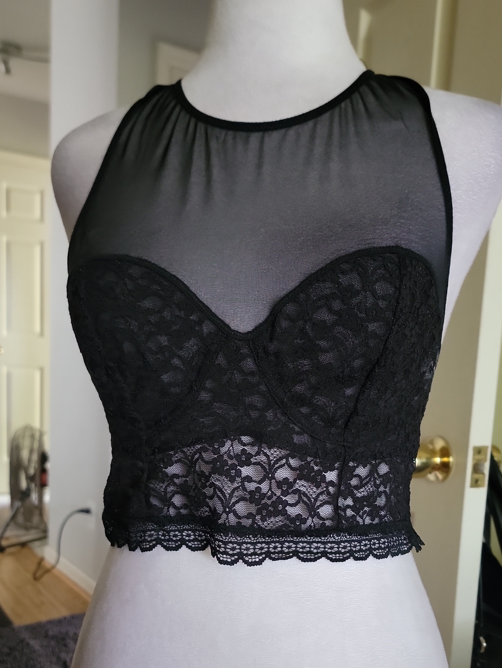 Sheer Lace High-Neck Bandeau Bralette - Black